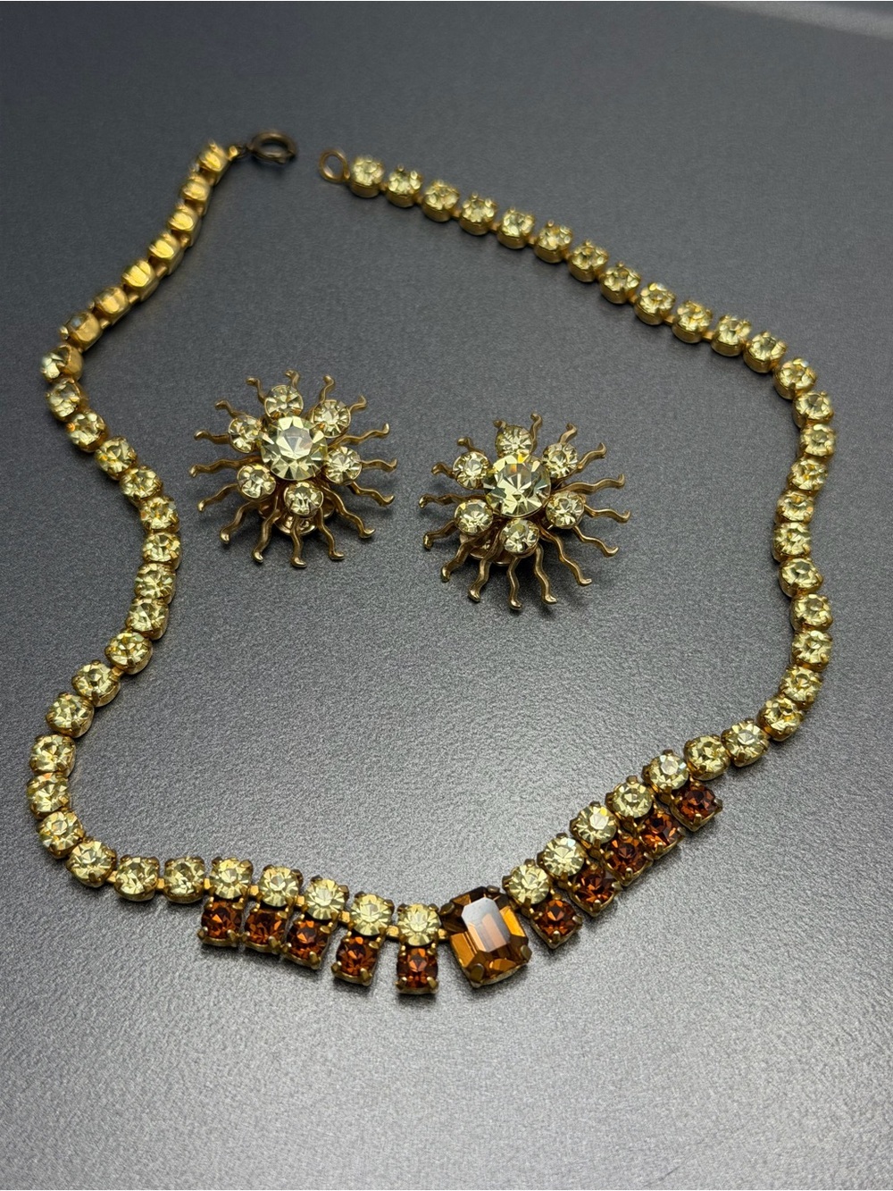 Vintage Jonquil and Amber Rhinestone Necklace and Clip Earrings